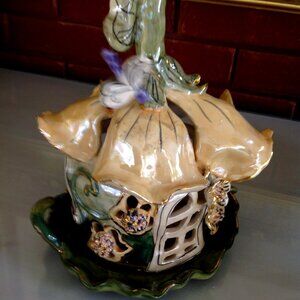 Blue Sky Clay Works Tulip Flower Mushroom House and Underplate Tealight Holder